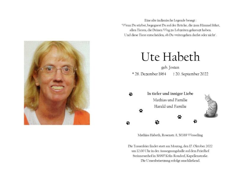 Traueranzeige für Ute Habeth geb. Josten